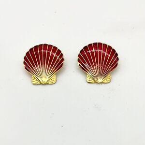Vintage SG Red‎ Enamel Shell Clip-On Earrings Gold Tone Nautical Beach Jewelry